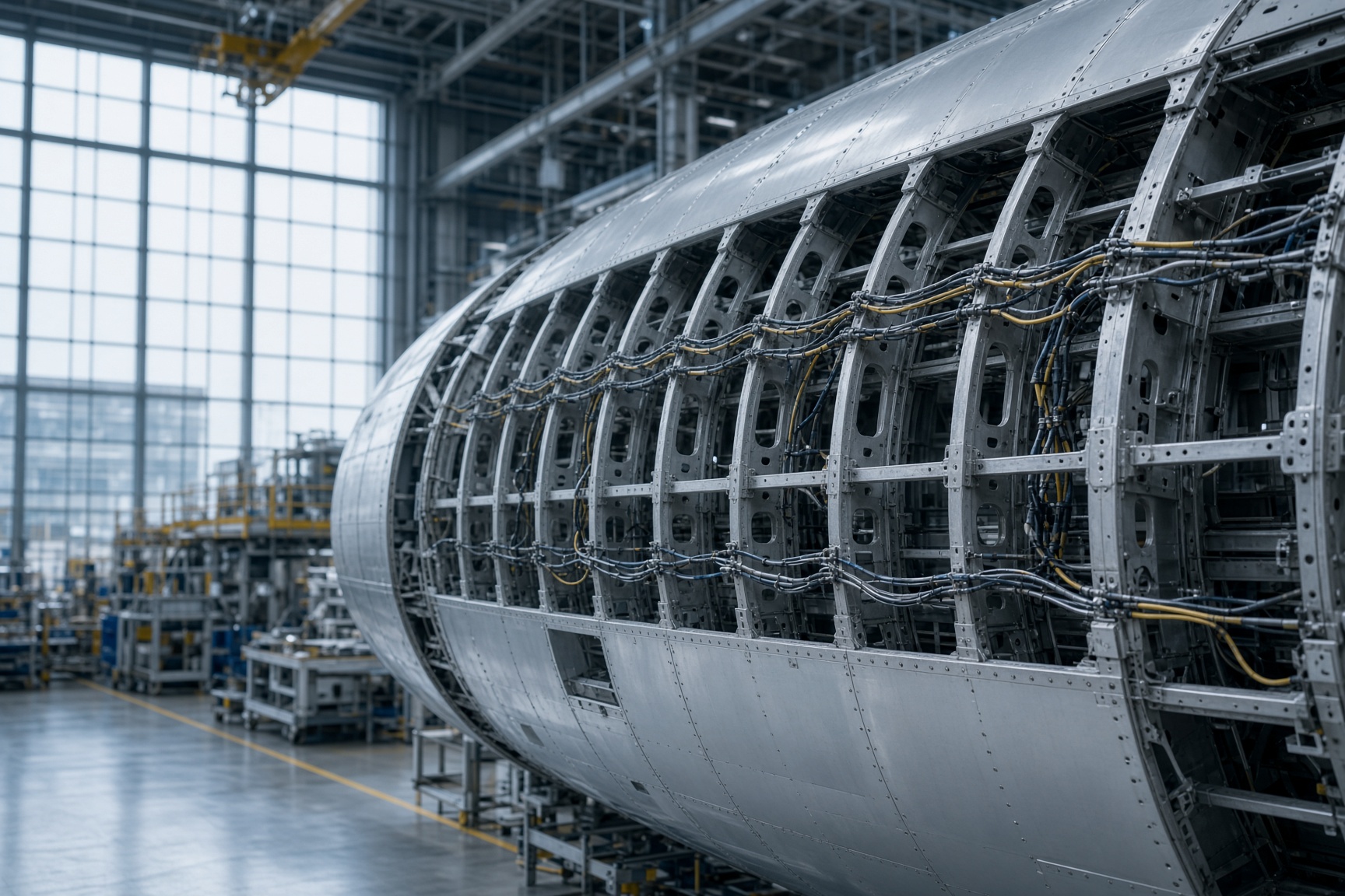 Aircraft fuselage structure in an aerospace assembly hangar
