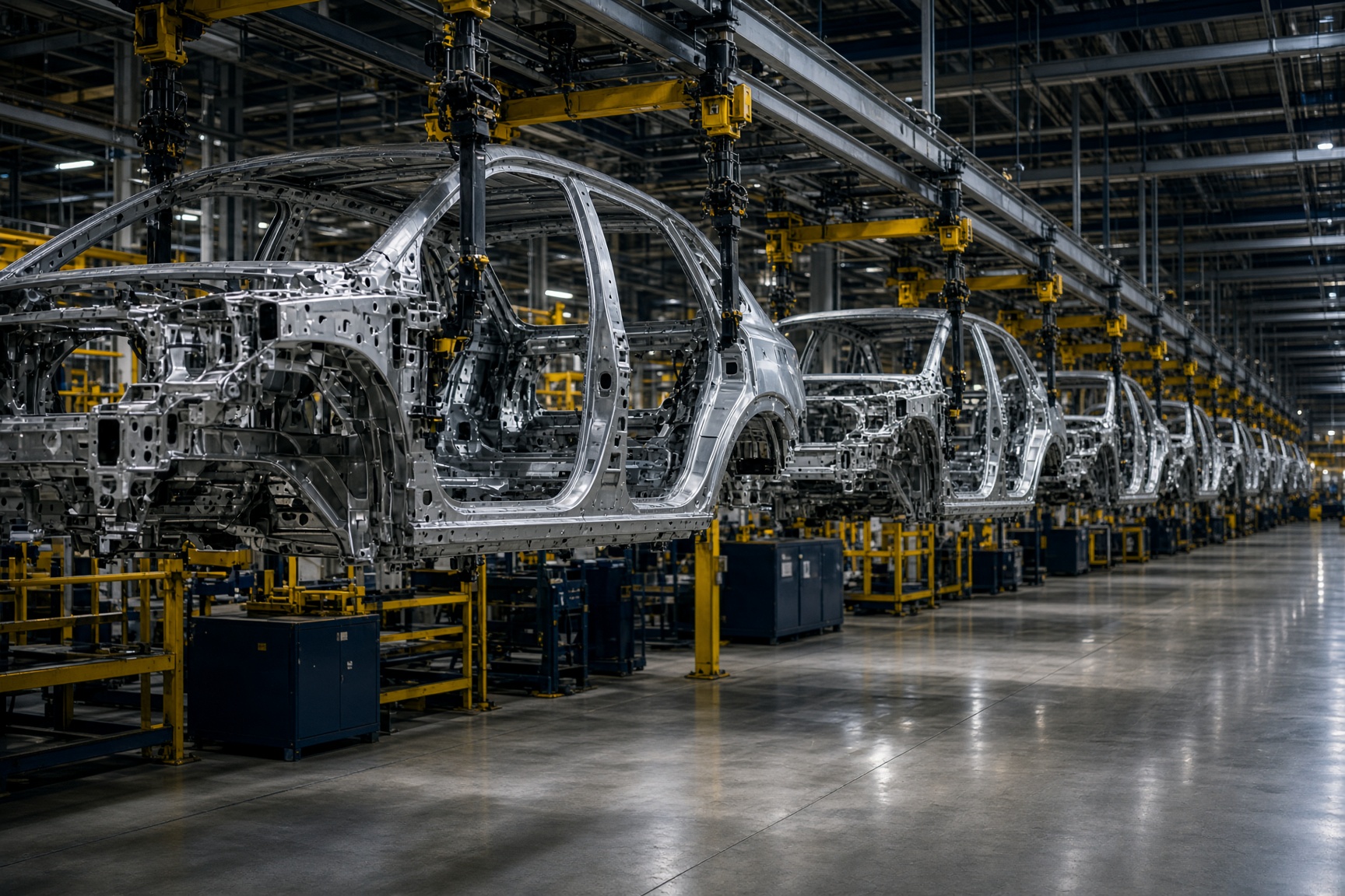 Automotive body frames moving along a Tier-1 assembly line