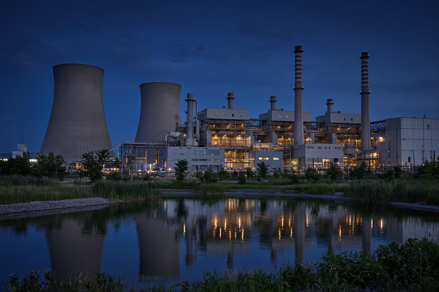 Industrial plant exterior at dusk with environmental control equipment
