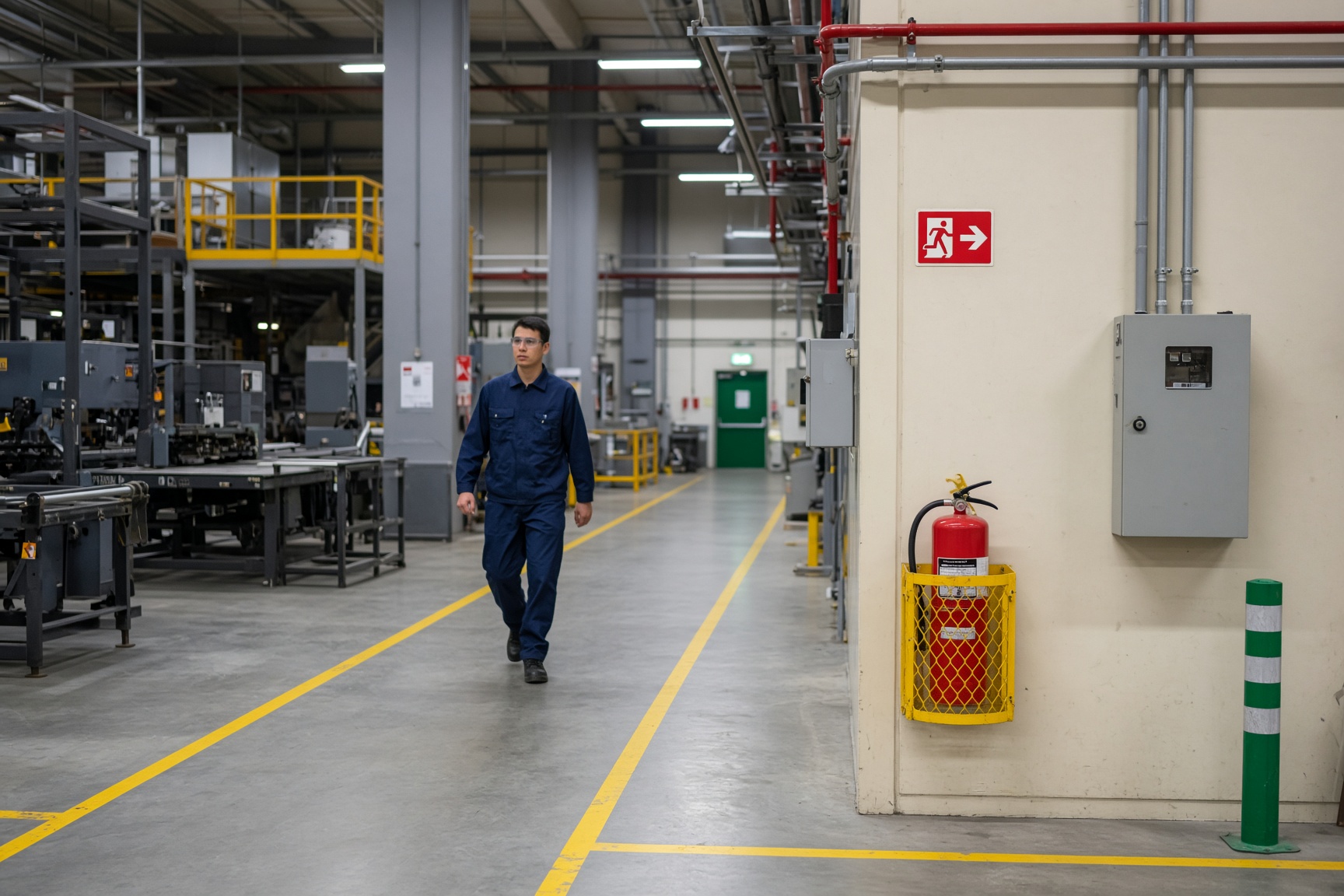 Marked safety walkway and fire protection on a manufacturing floor