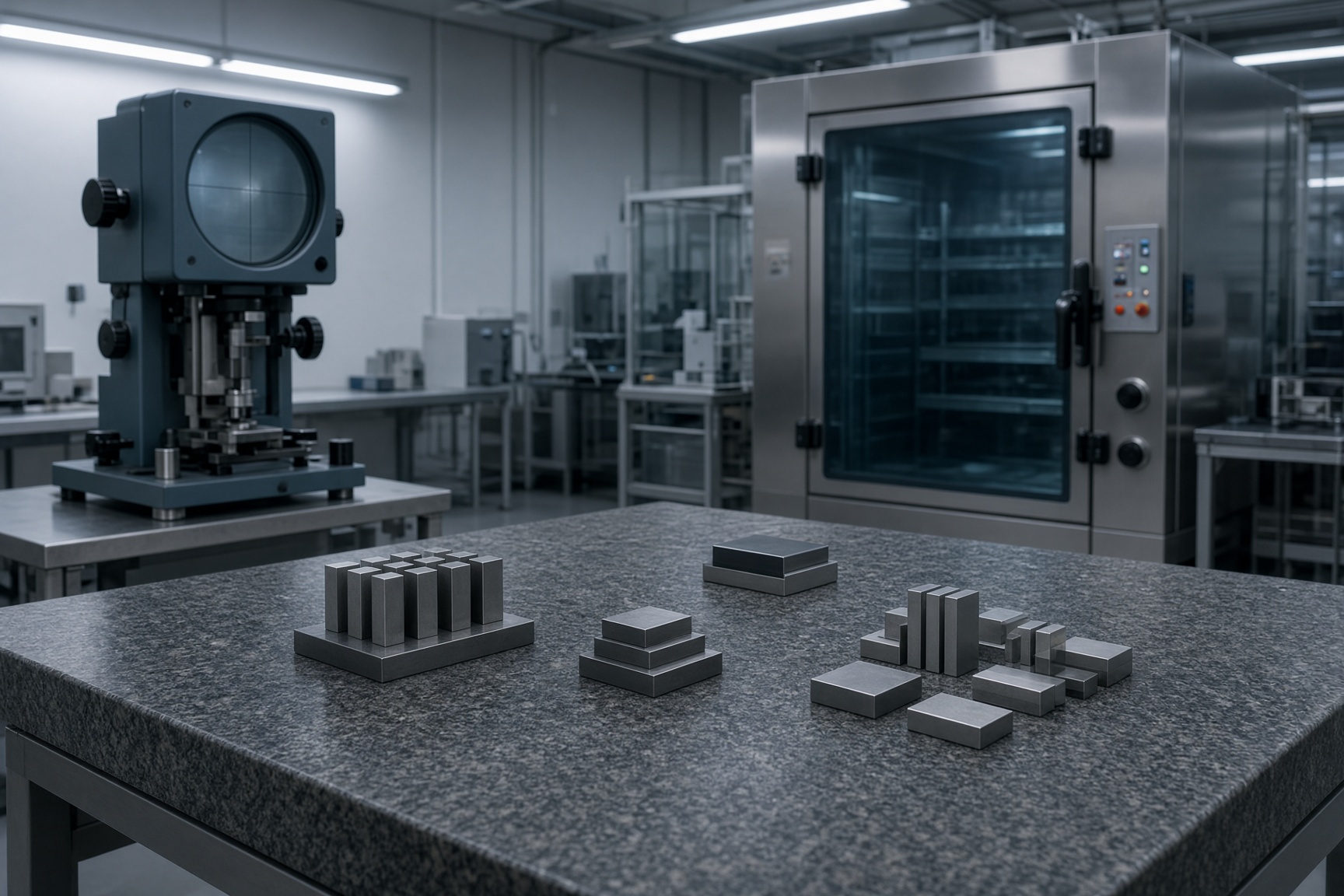 Calibration laboratory with a granite surface plate and precision gauges