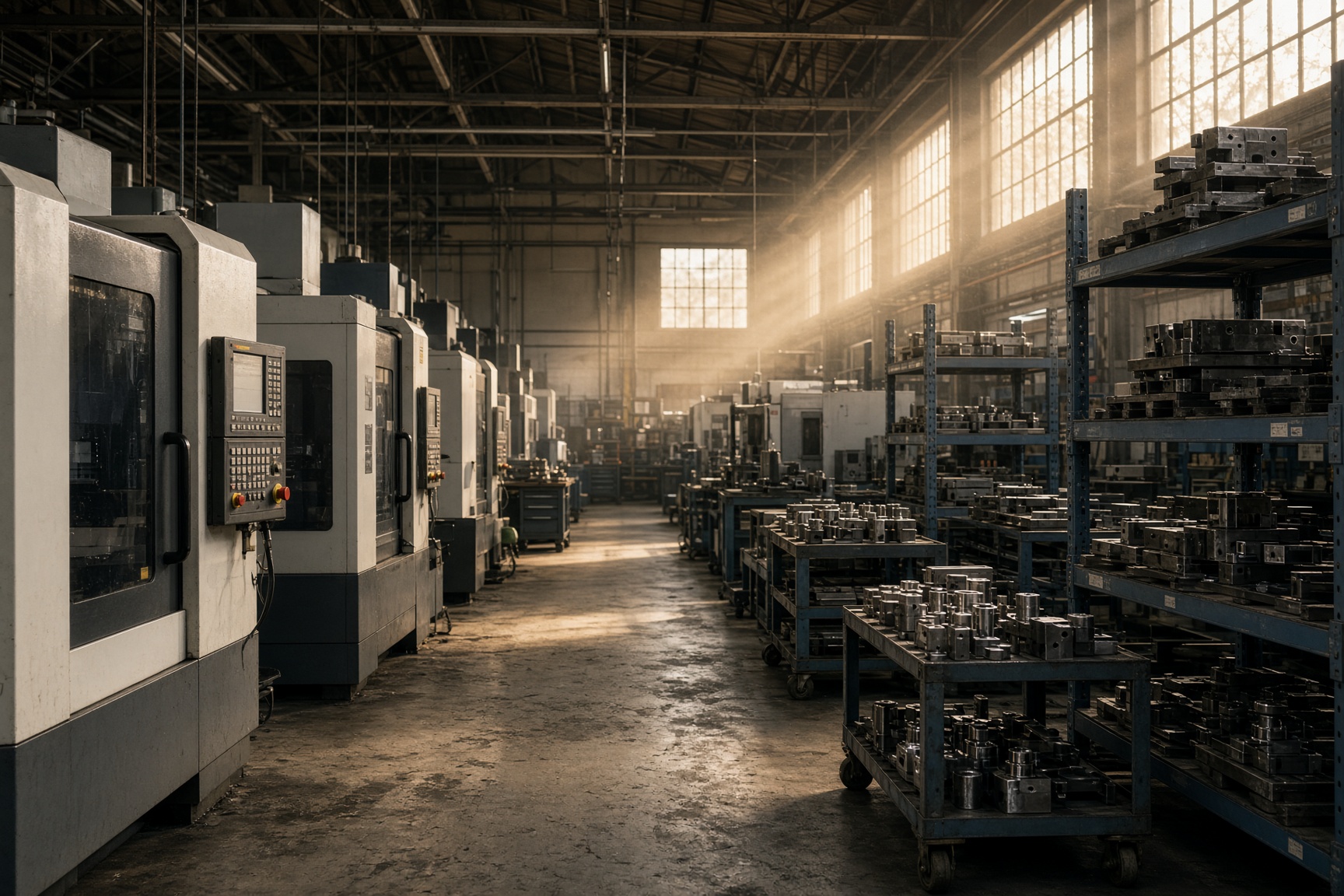 Job-shop manufacturing floor with milling machines and racks of parts