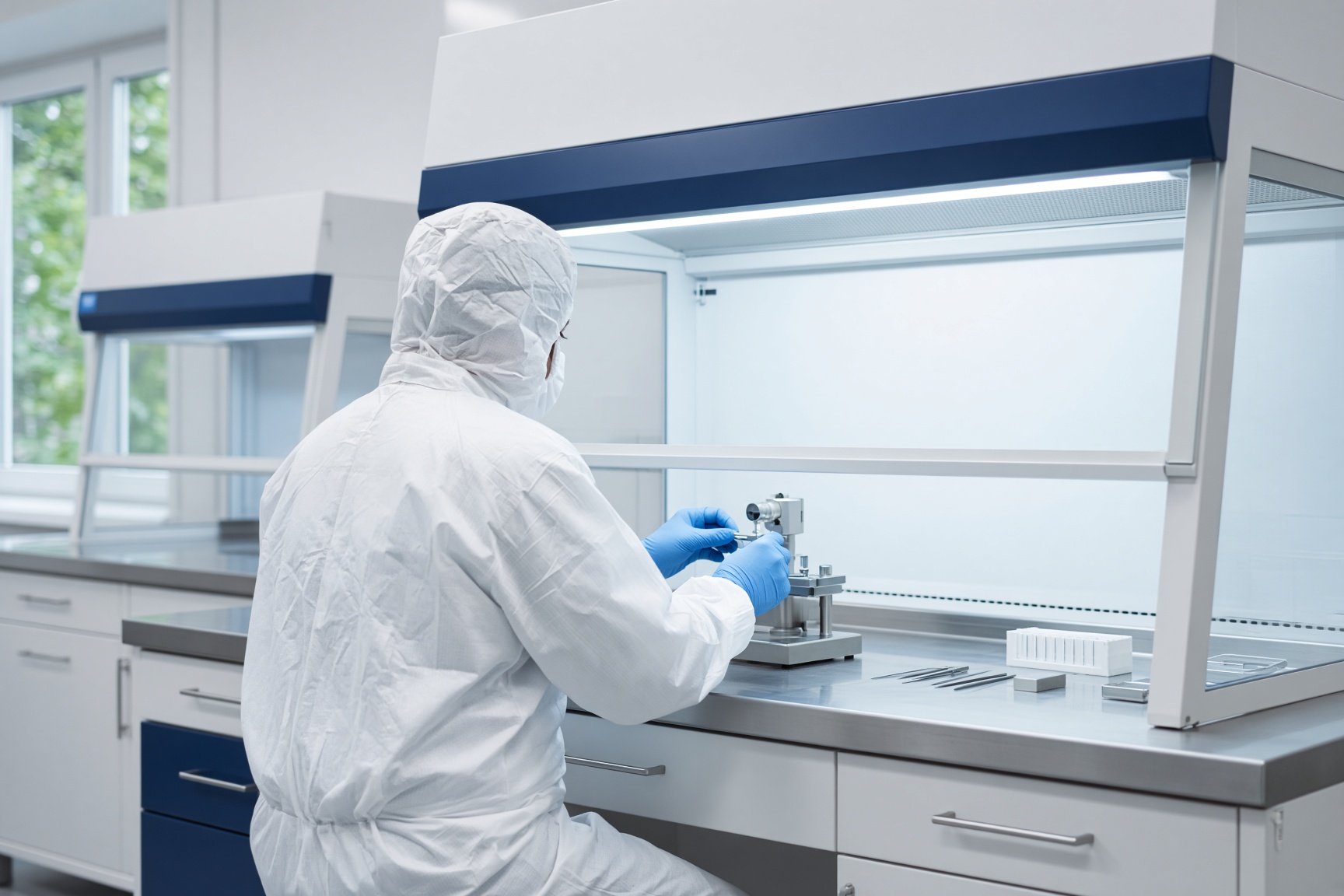 Technician assembling a medical device in a cleanroom